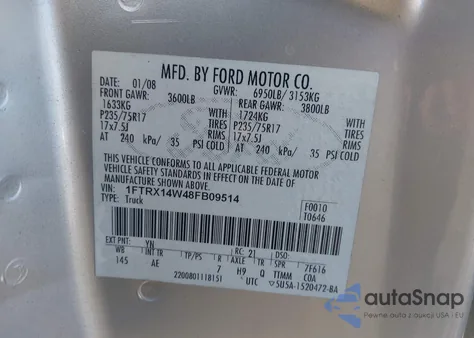 2008 Ford F-150 Stx/Xl/Xlt из США, поврежденный, VIN 1FTRX14W48FB09514